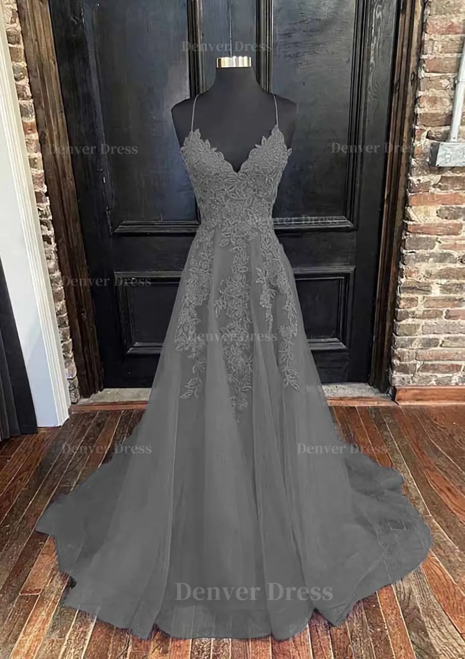 A-line V Neck Spaghetti Straps Sweep Train Tulle Prom Dress With Appliqued