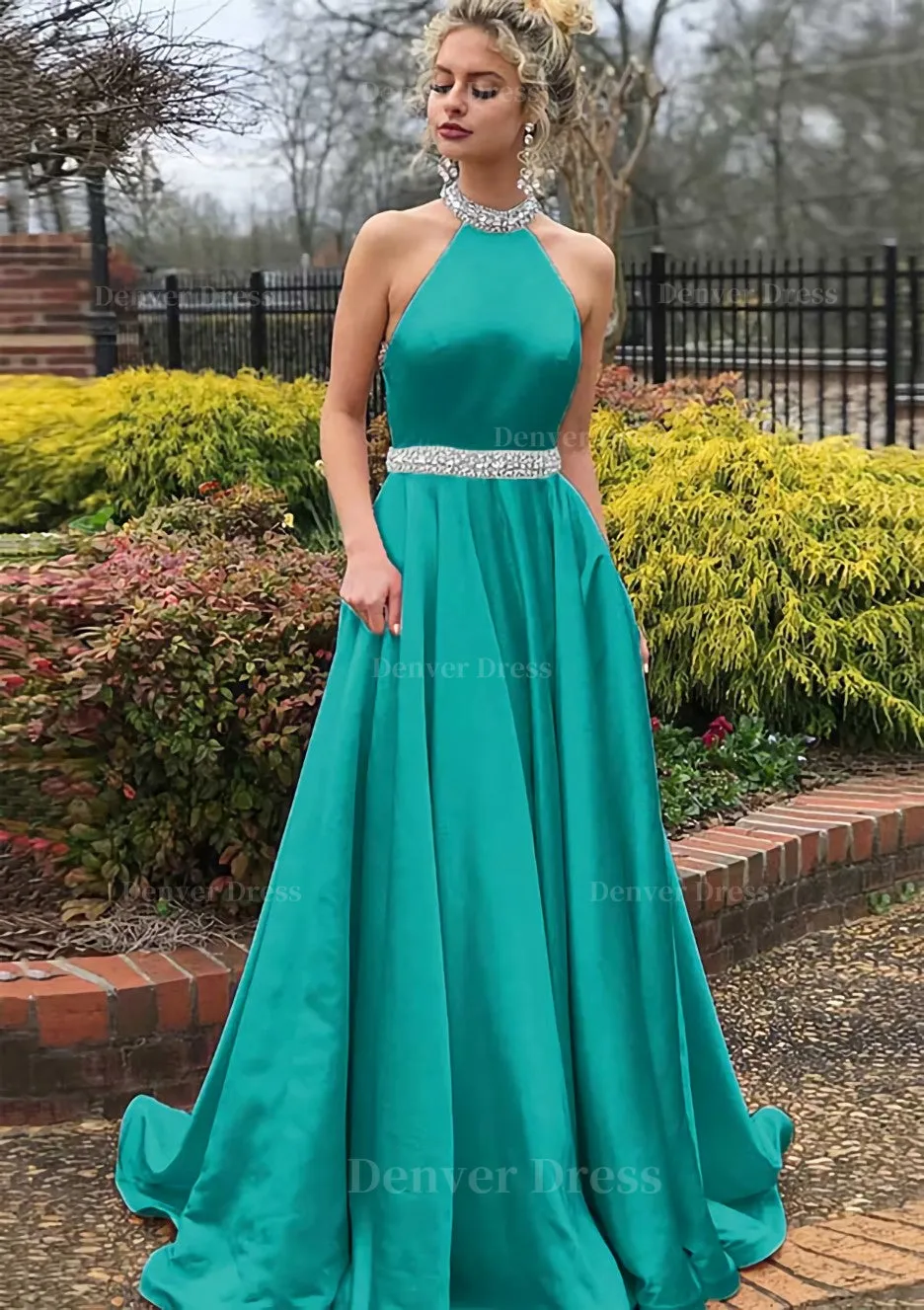 A-line/Princess High-Neck Sleeveless Sweep Train Satin Prom Dress With Waistband Beading