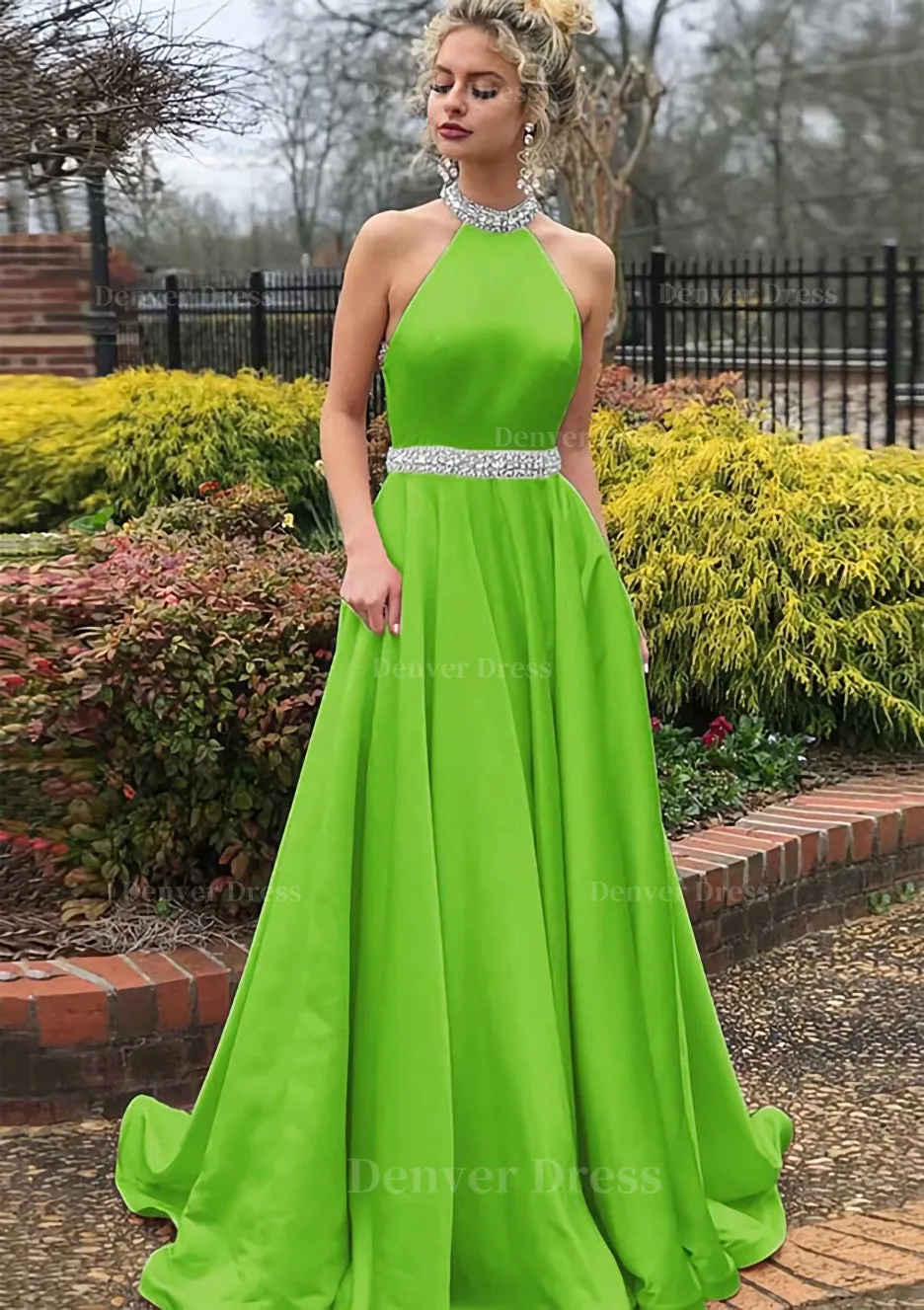 A-line/Princess High-Neck Sleeveless Sweep Train Satin Prom Dress With Waistband Beading