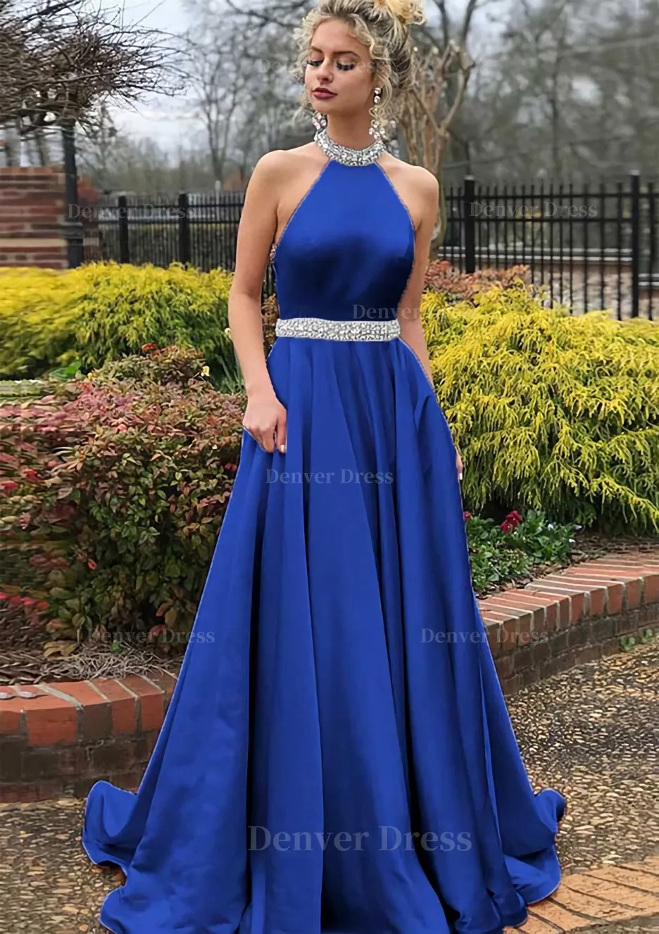 A-line/Princess High-Neck Sleeveless Sweep Train Satin Prom Dress With Waistband Beading