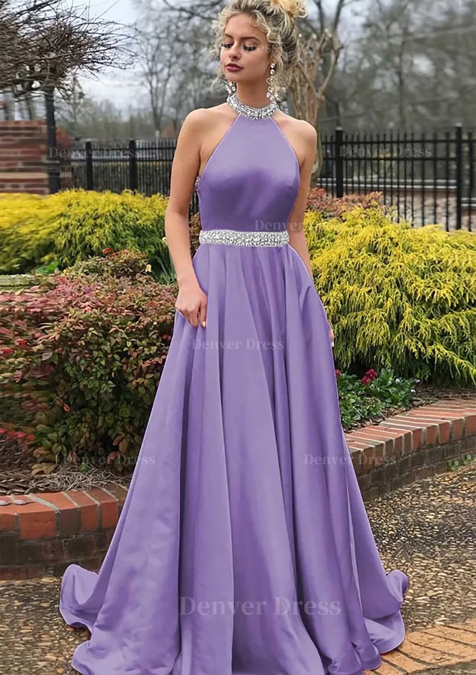 A-line/Princess High-Neck Sleeveless Sweep Train Satin Prom Dress With Waistband Beading