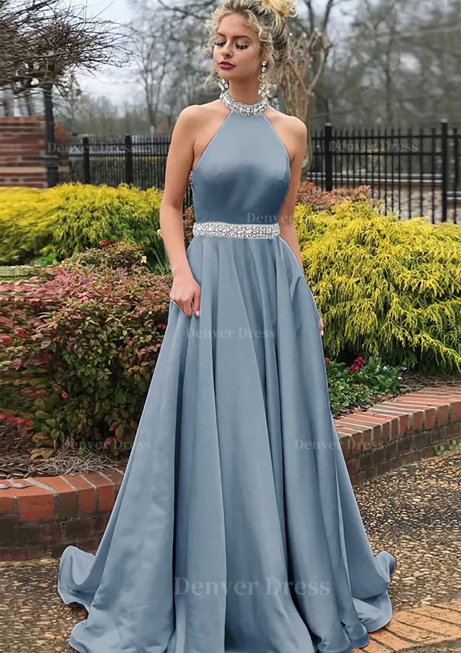 A-line/Princess High-Neck Sleeveless Sweep Train Satin Prom Dress With Waistband Beading