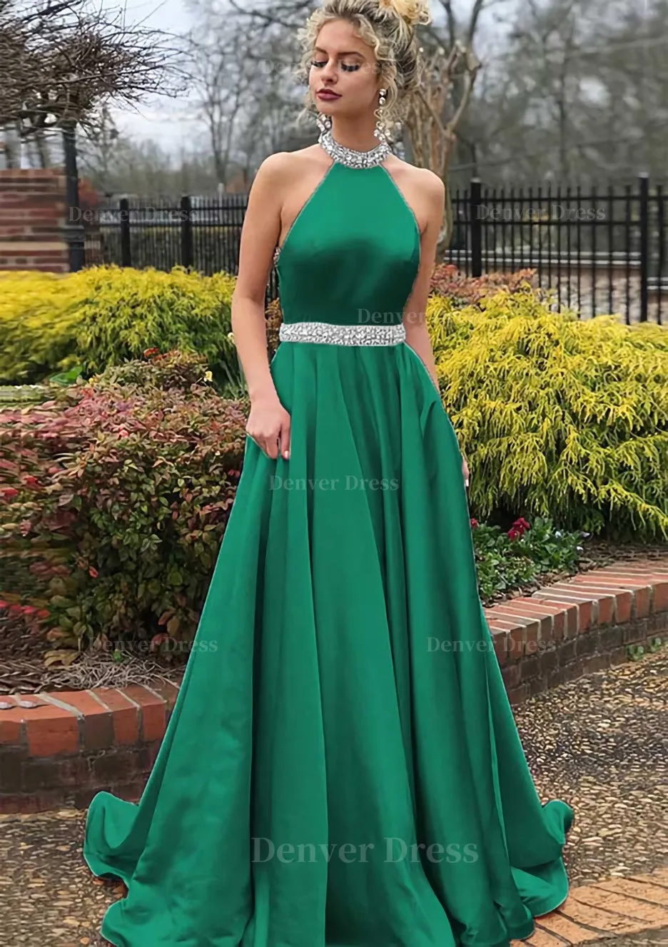 A-line/Princess High-Neck Sleeveless Sweep Train Satin Prom Dress With Waistband Beading