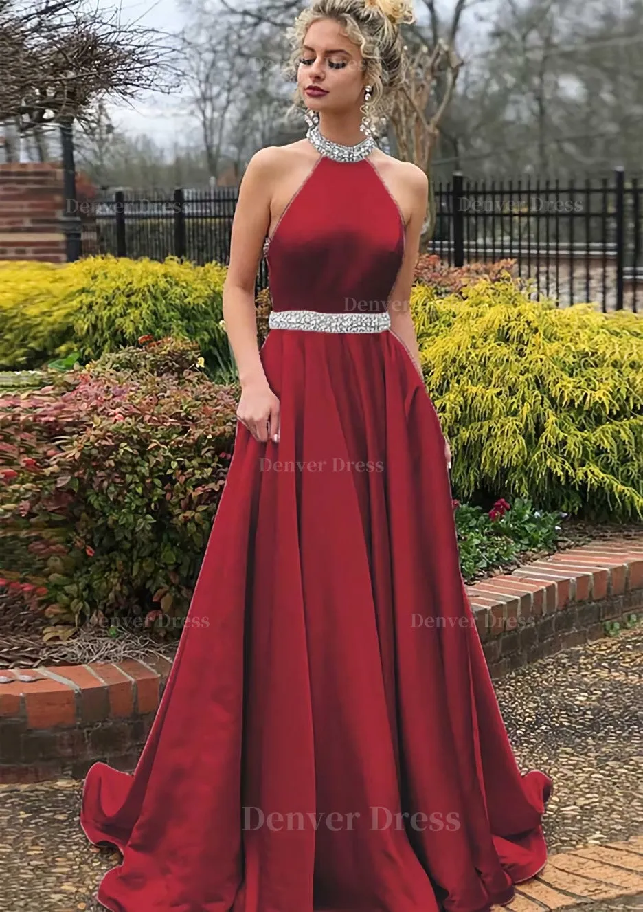 A-line/Princess High-Neck Sleeveless Sweep Train Satin Prom Dress With Waistband Beading