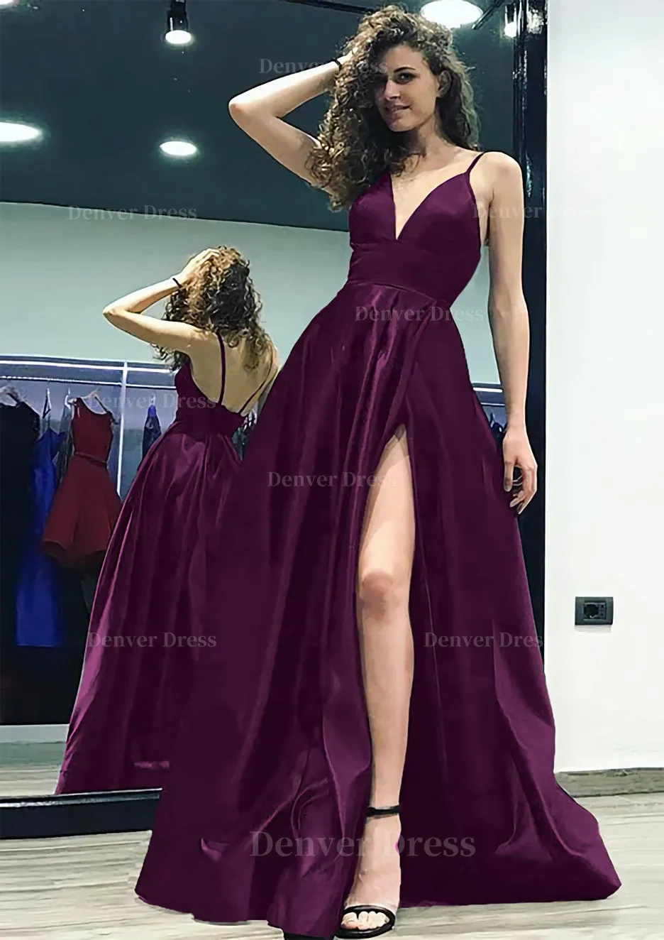 A-line/Princess V Neck Sleeveless Sweep Train Satin Prom Dress With Split