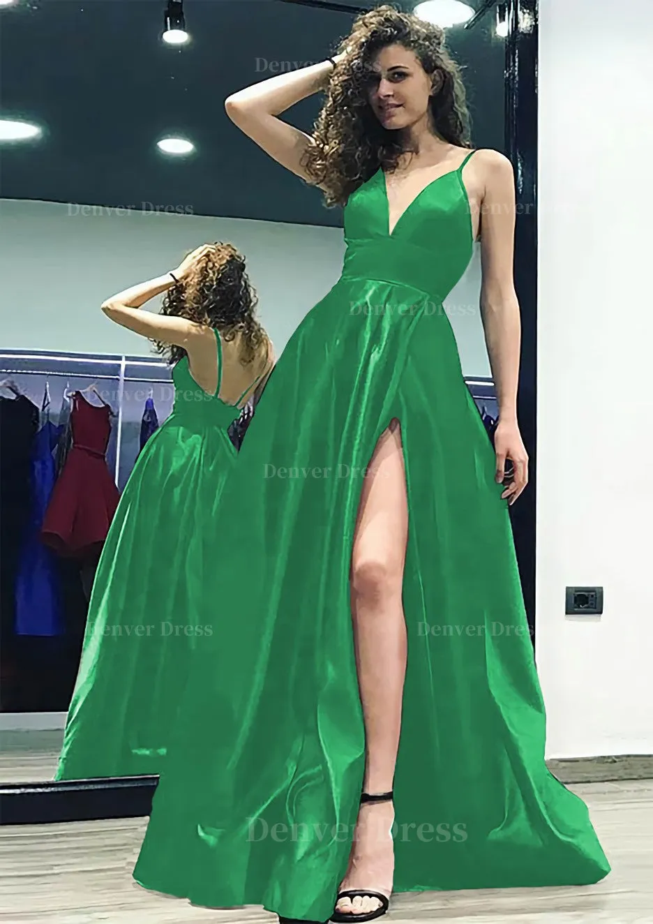 A-line/Princess V Neck Sleeveless Sweep Train Satin Prom Dress With Split