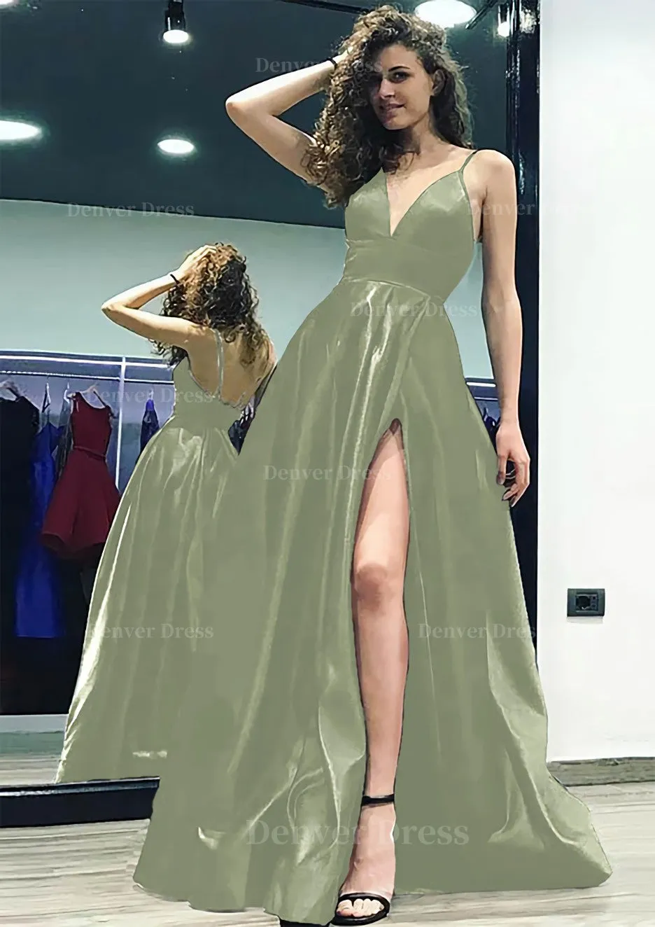 A-line/Princess V Neck Sleeveless Sweep Train Satin Prom Dress With Split