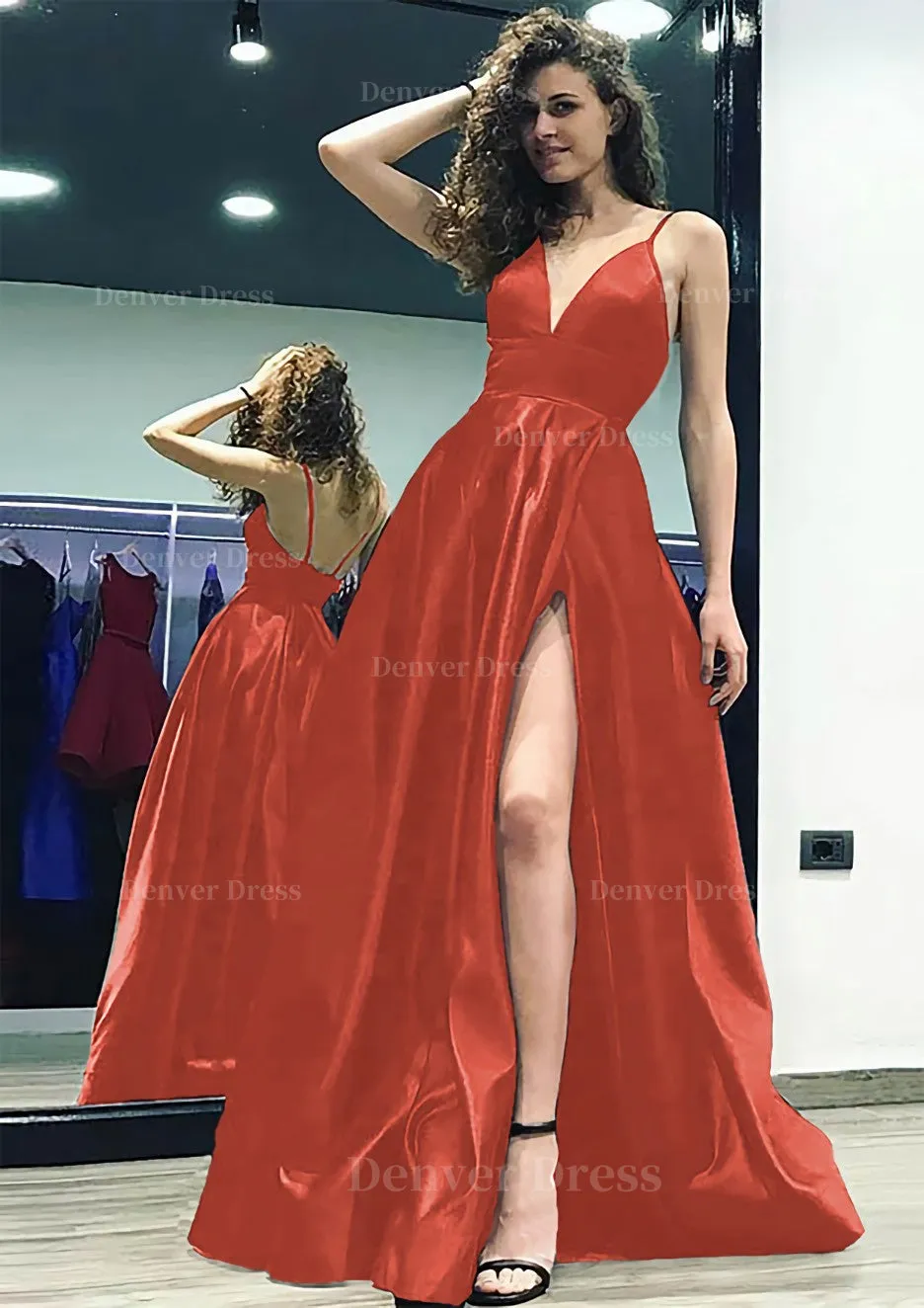 A-line/Princess V Neck Sleeveless Sweep Train Satin Prom Dress With Split