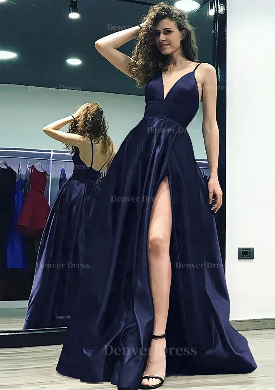 A-line/Princess V Neck Sleeveless Sweep Train Satin Prom Dress With Split