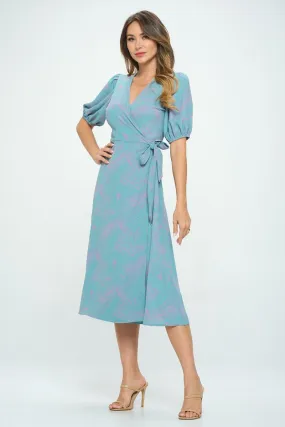 Alexandria Elbow Puff Sleeve Full-Wrap A-Line Midi Dress