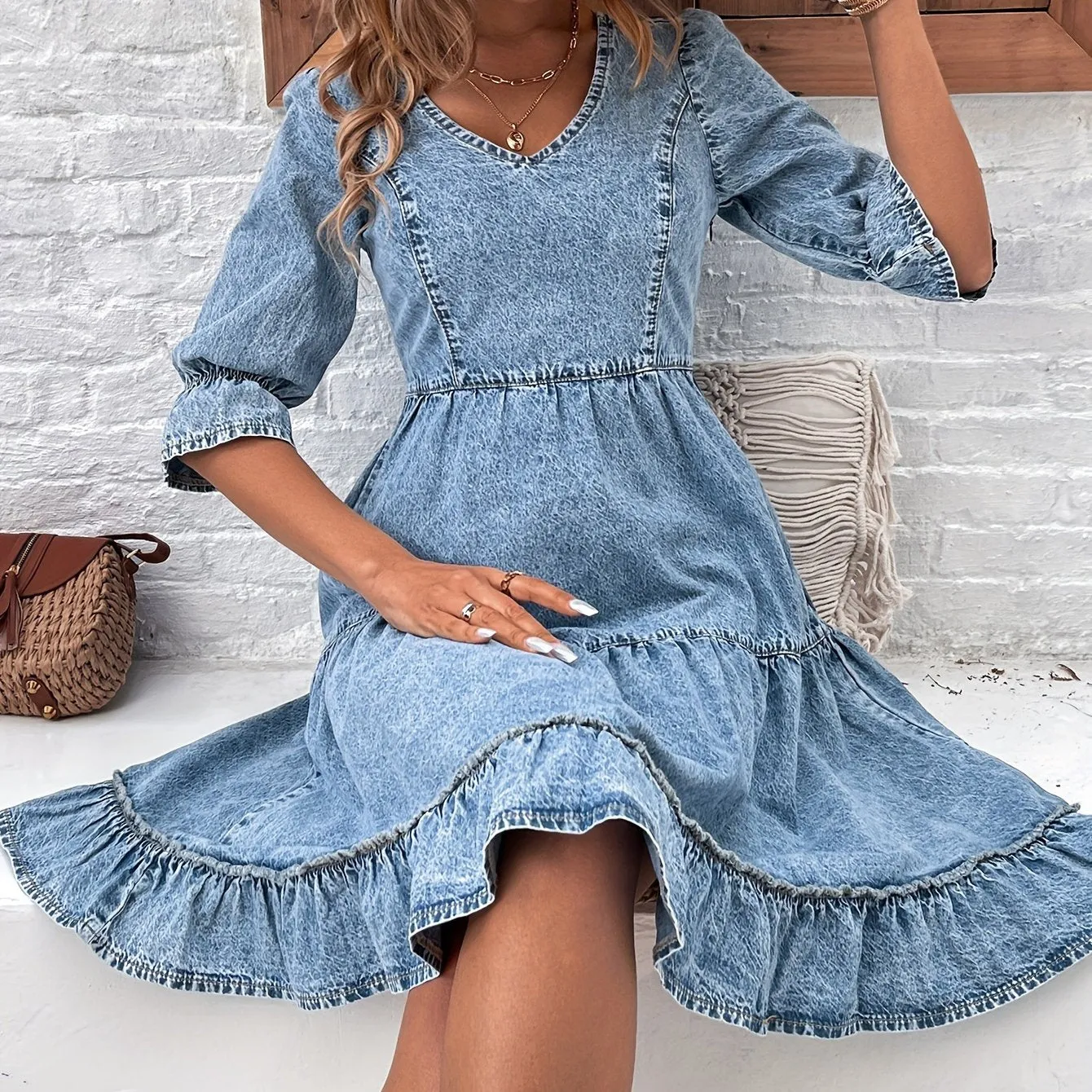 All-Season Chic & Elegant Denim Dress with V-Neck, Flounce Sleeves - Easy Care, Comfort & Timeless Style