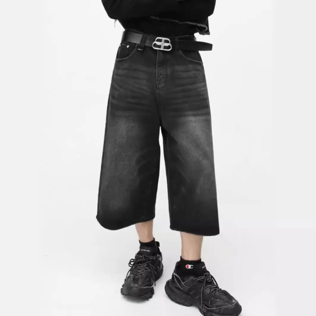 American Street Washed Wide-Leg Pants Cropped Jeans Men's 2024 Spring and Summer Fashion Brand Retro Personality Straight Casual Short