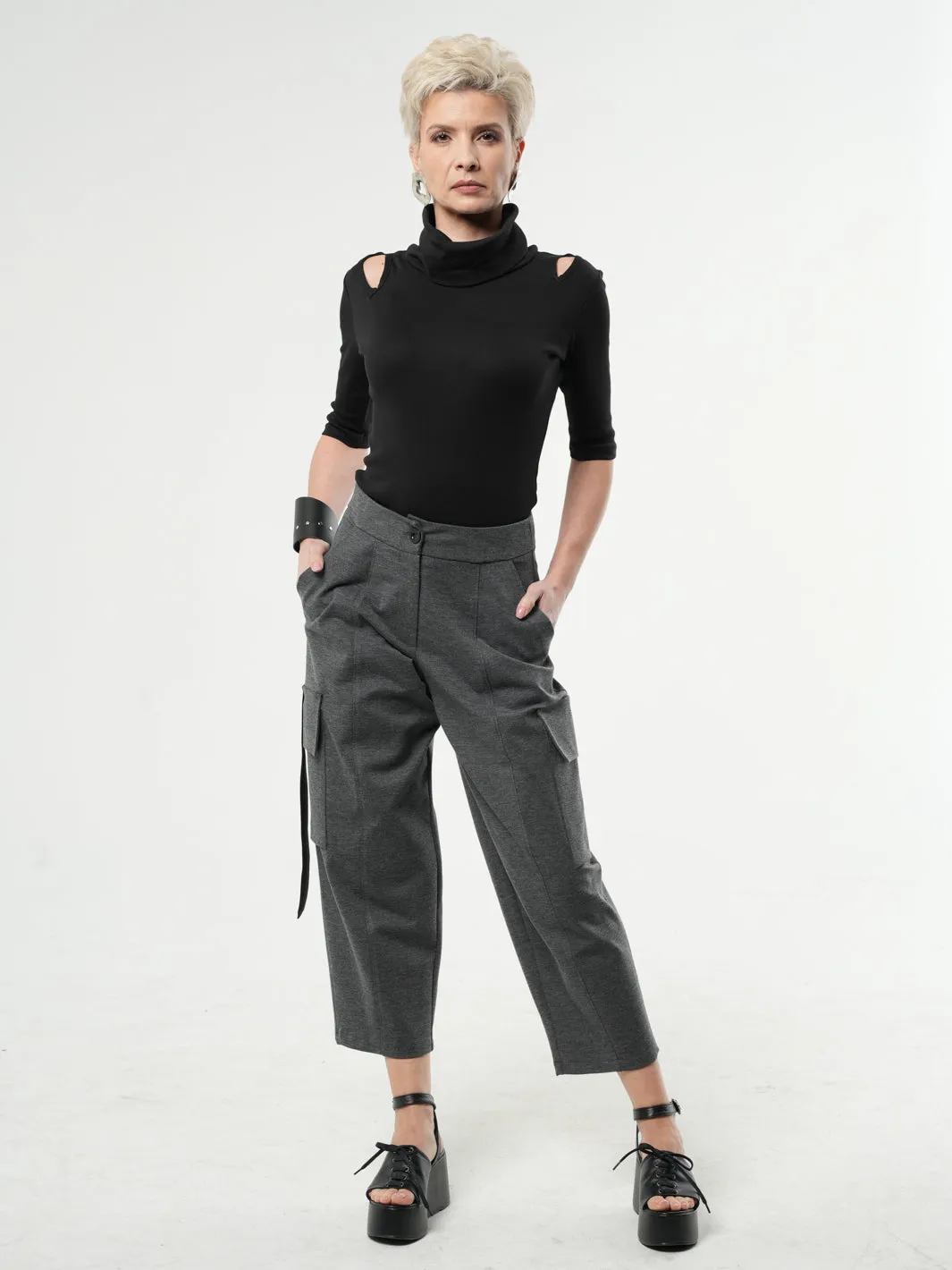 Ankle-Length Gray Cargo Pants