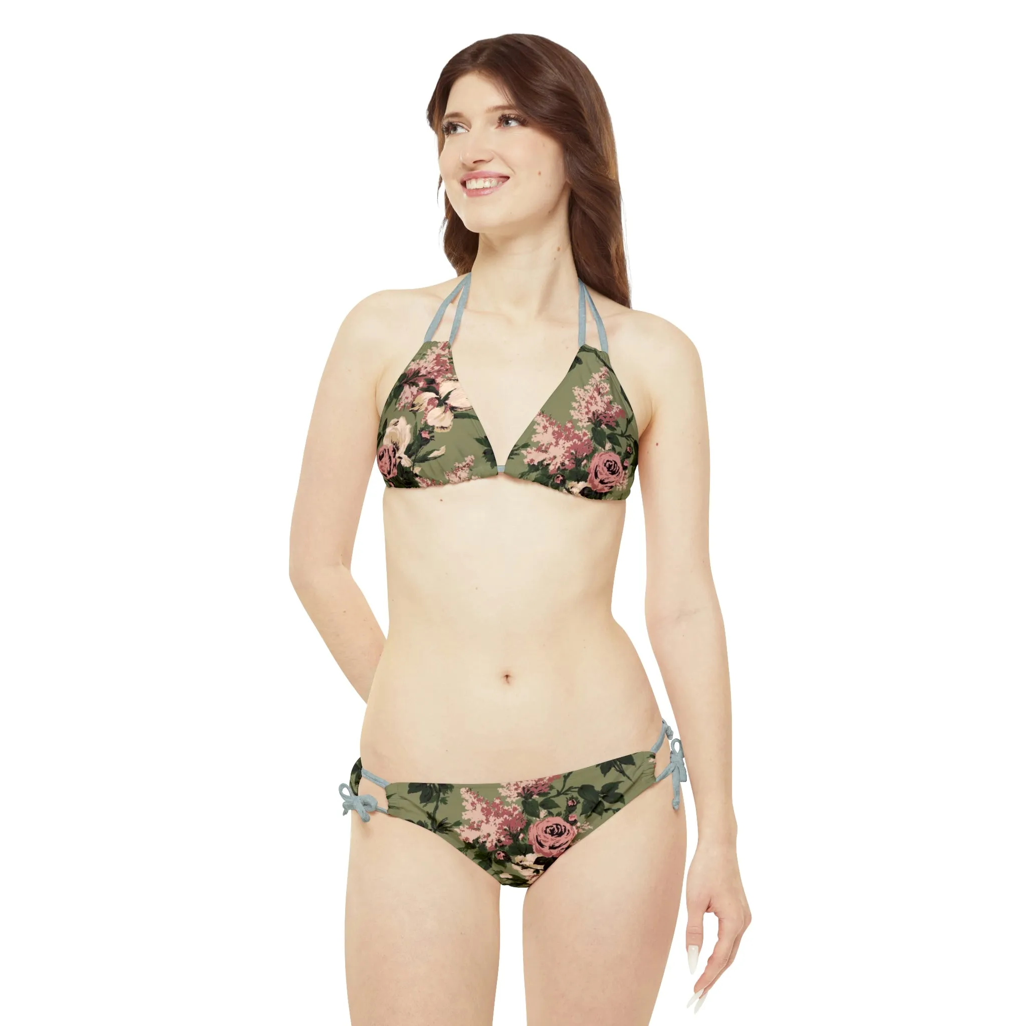 Antoinette Caledonia Green Bella Roses Strappy 2pc Bikini Set  | Pinup Couture Swim