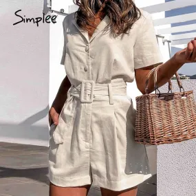 Back to College Joskaa Elegant sash belt women playsuits Short sleeve buttons cotton linen female romper jumpsuit Spring summer ladies overalls