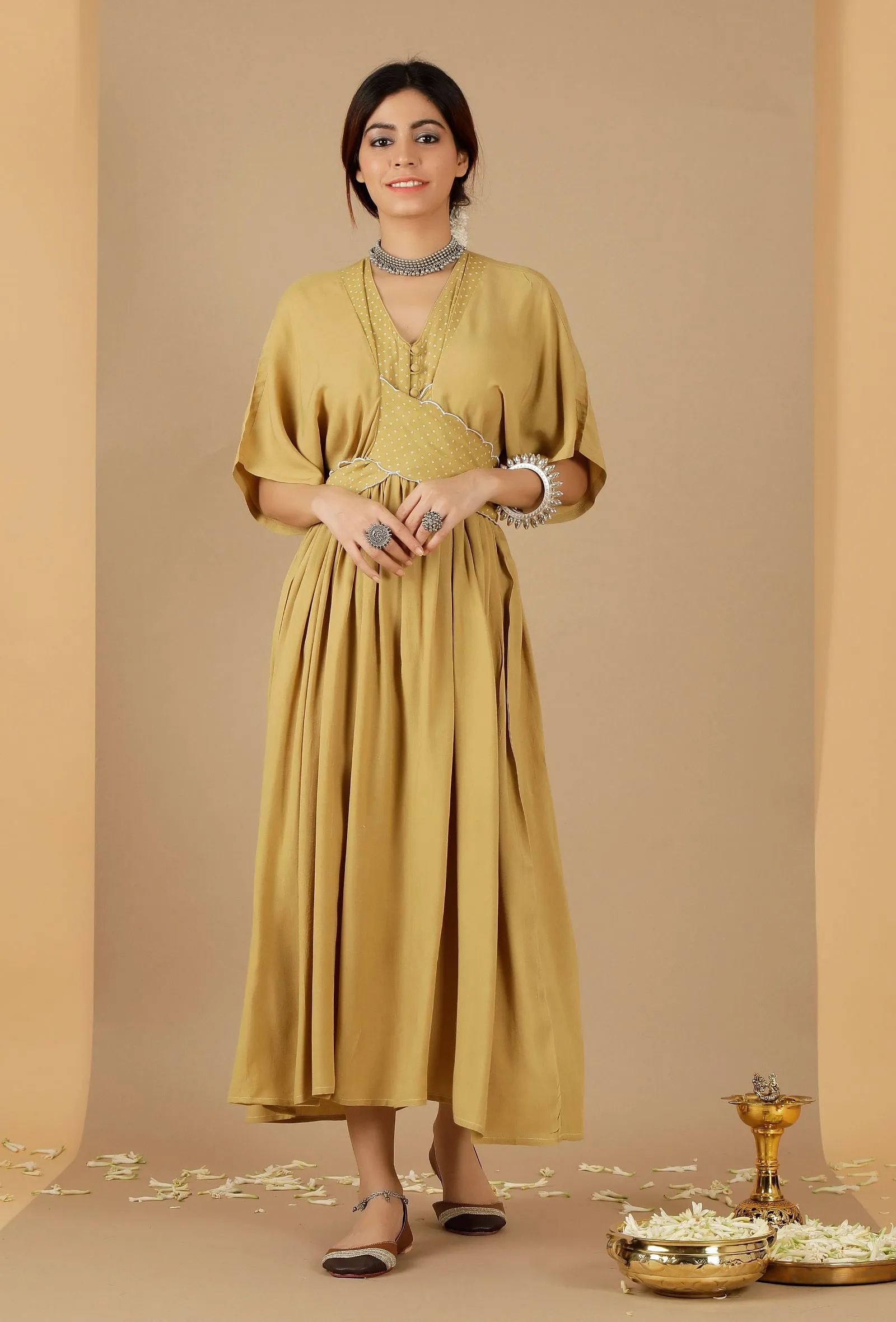 Bandhani Gathered & Flared Dress With Attached Belt