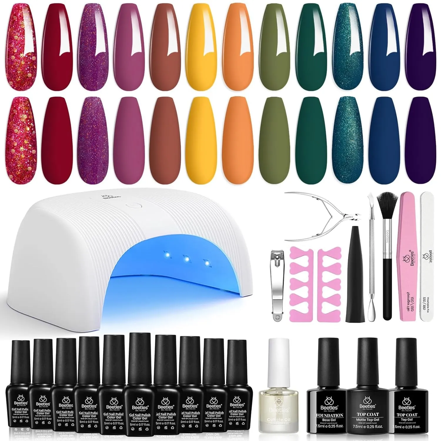 Beetles 12-Color Gel Nail Polish Kit with 48W LED Lamp, Base & Top Coat, Glitter & Accessories