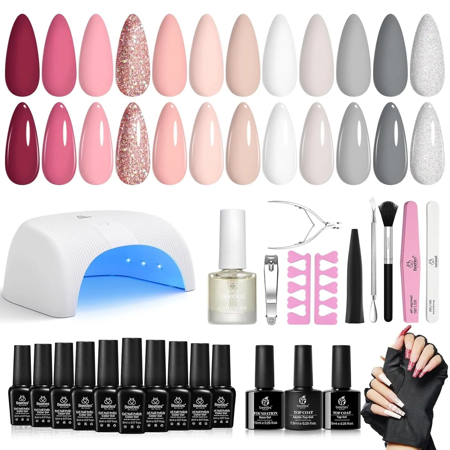 Beetles 12-Color Gel Nail Polish Kit with 48W LED Lamp, Base & Top Coat, Glitter & Accessories