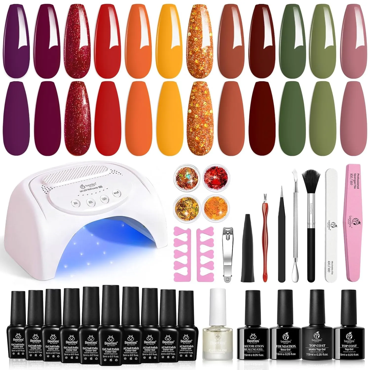 Beetles 12-Color Gel Nail Polish Kit with 48W LED Lamp, Base & Top Coat, Glitter & Accessories