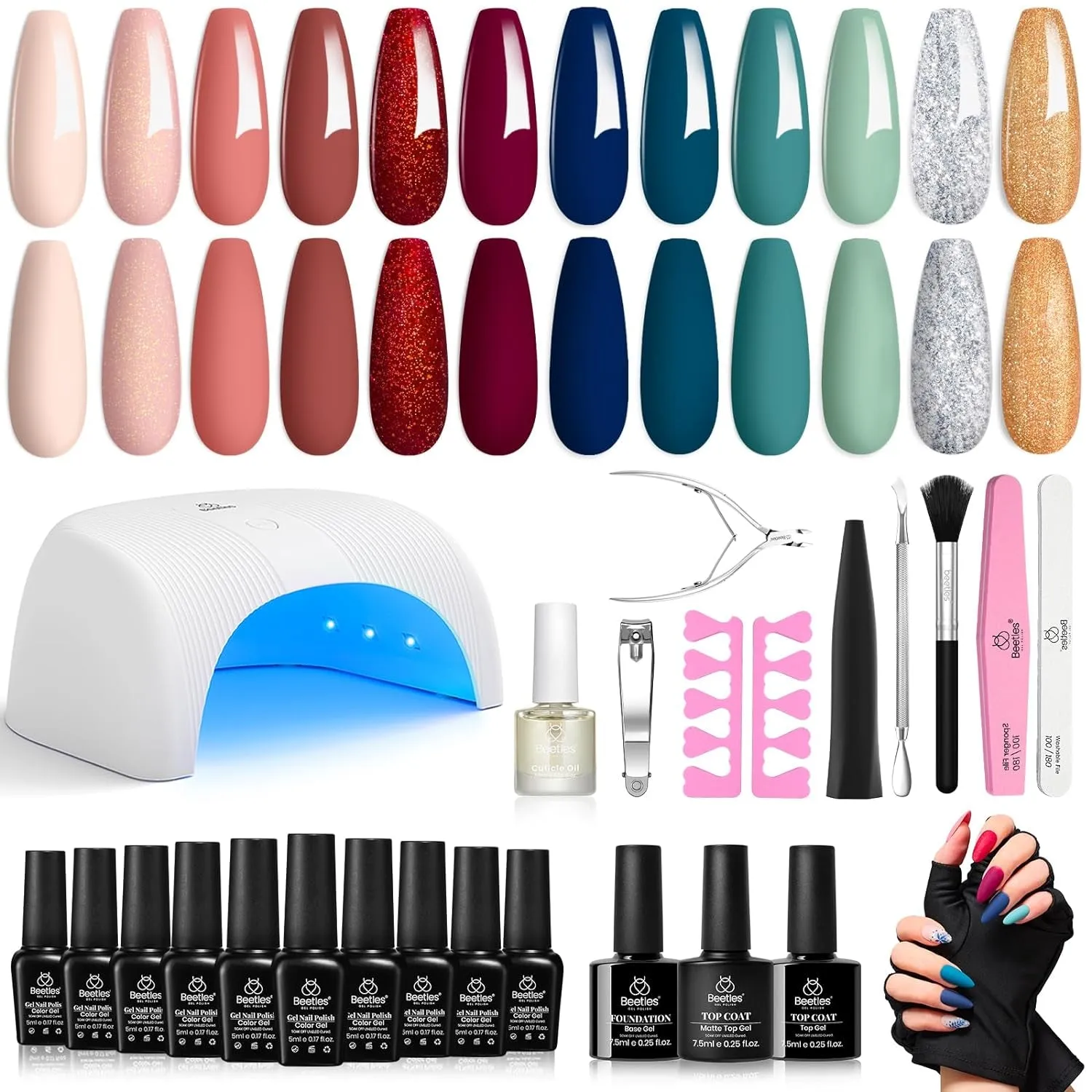 Beetles 12-Color Gel Nail Polish Kit with 48W LED Lamp, Base & Top Coat, Glitter & Accessories