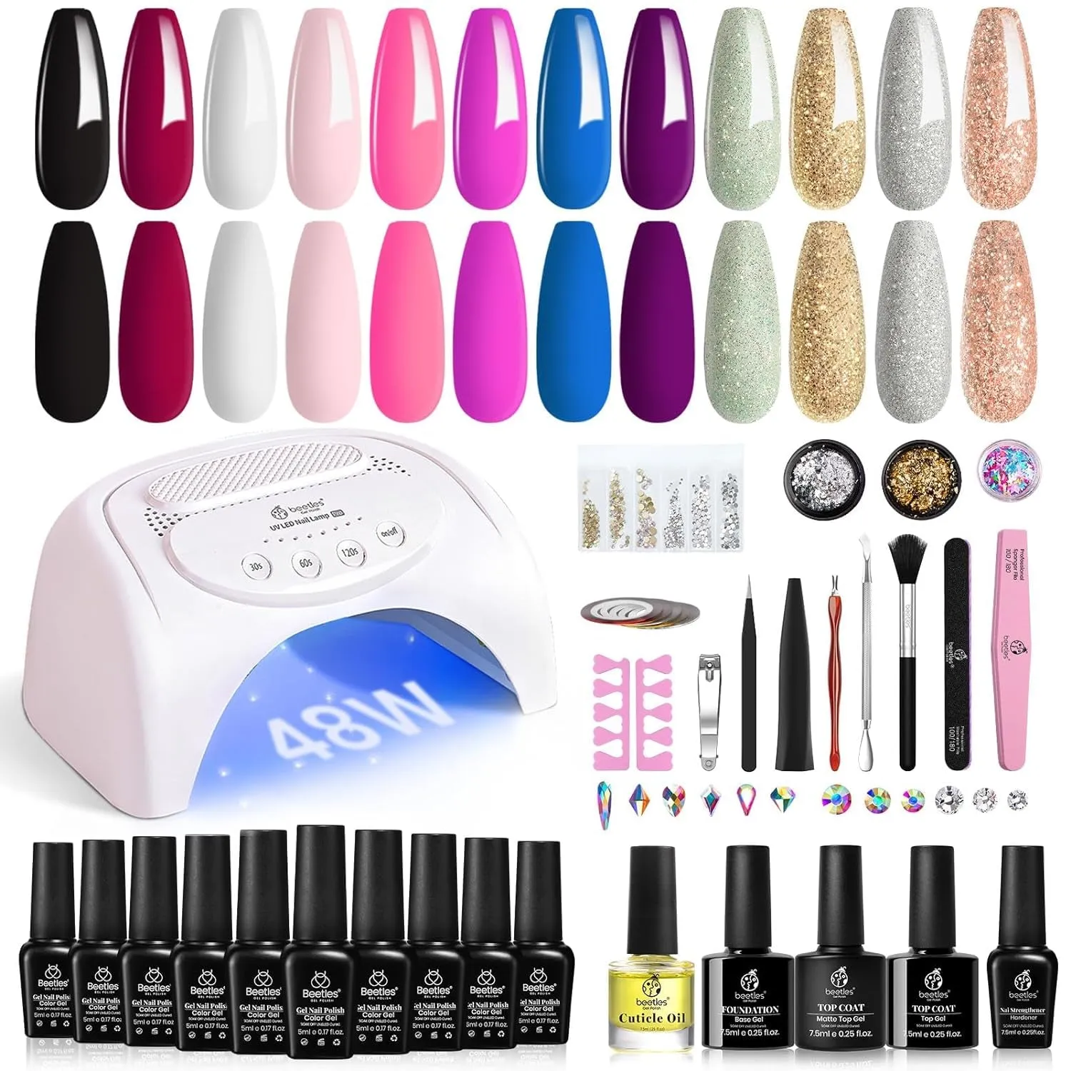 Beetles 12-Color Gel Nail Polish Kit with 48W LED Lamp, Base & Top Coat, Glitter & Accessories