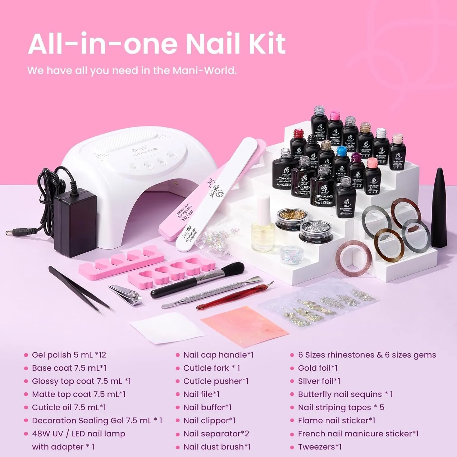 Beetles 12-Color Gel Nail Polish Kit with 48W LED Lamp, Base & Top Coat, Glitter & Accessories