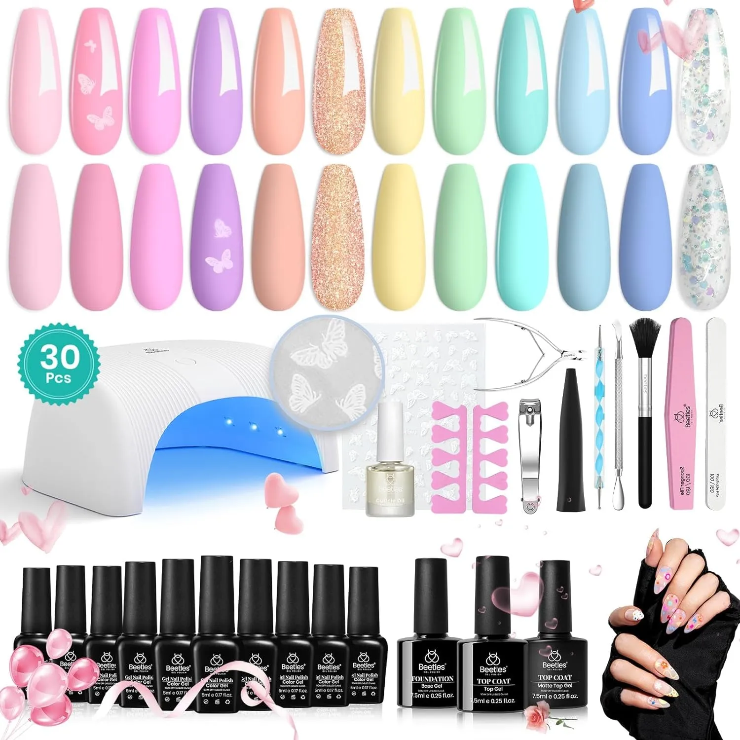 Beetles 12-Color Gel Nail Polish Kit with 48W LED Lamp, Base & Top Coat, Glitter & Accessories