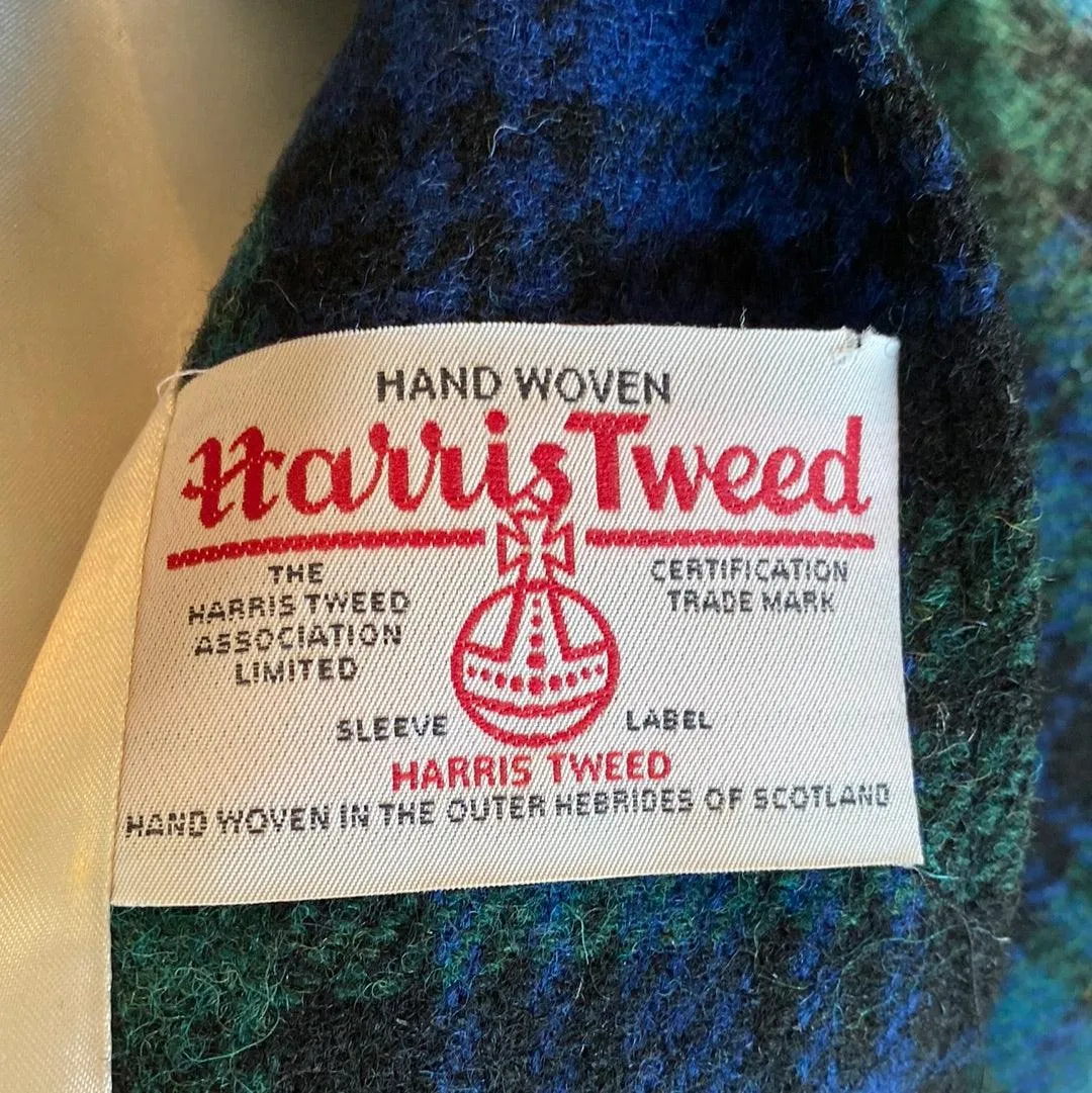 Betty Davies Harris Tweed Coat Green and Beue Tartan UK Size 14