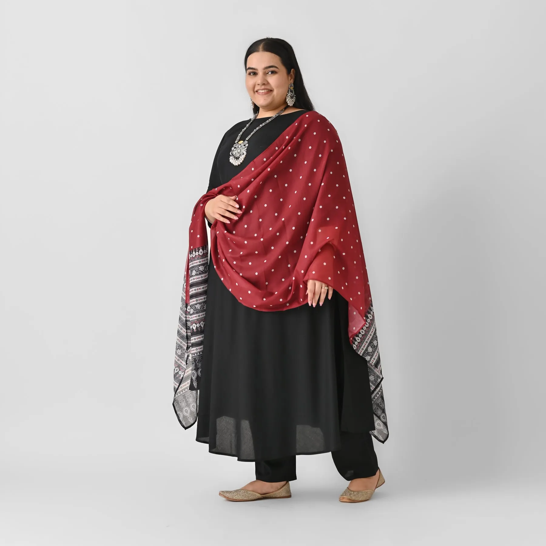 Black Flared Kurta Palazzo Set with Maroon Polka & Black Buta Dupatta - SOM