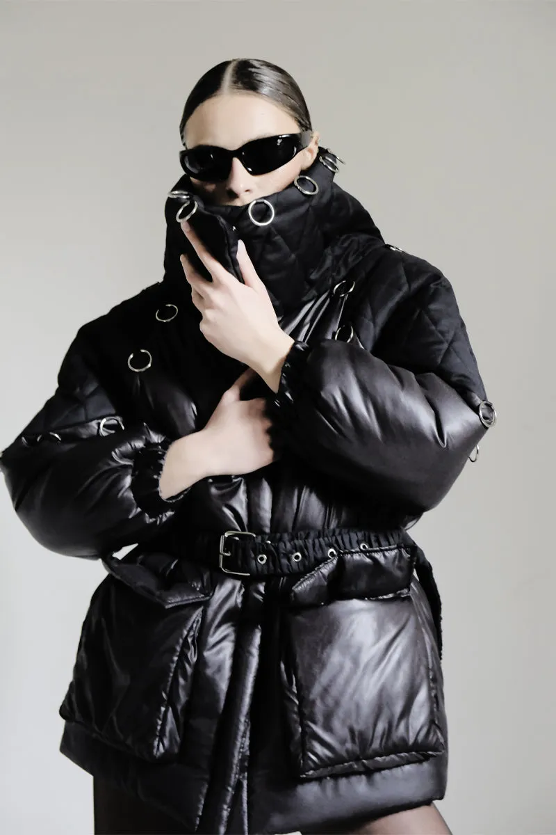 BLACK HIGH-NECK PUFFER JACKET