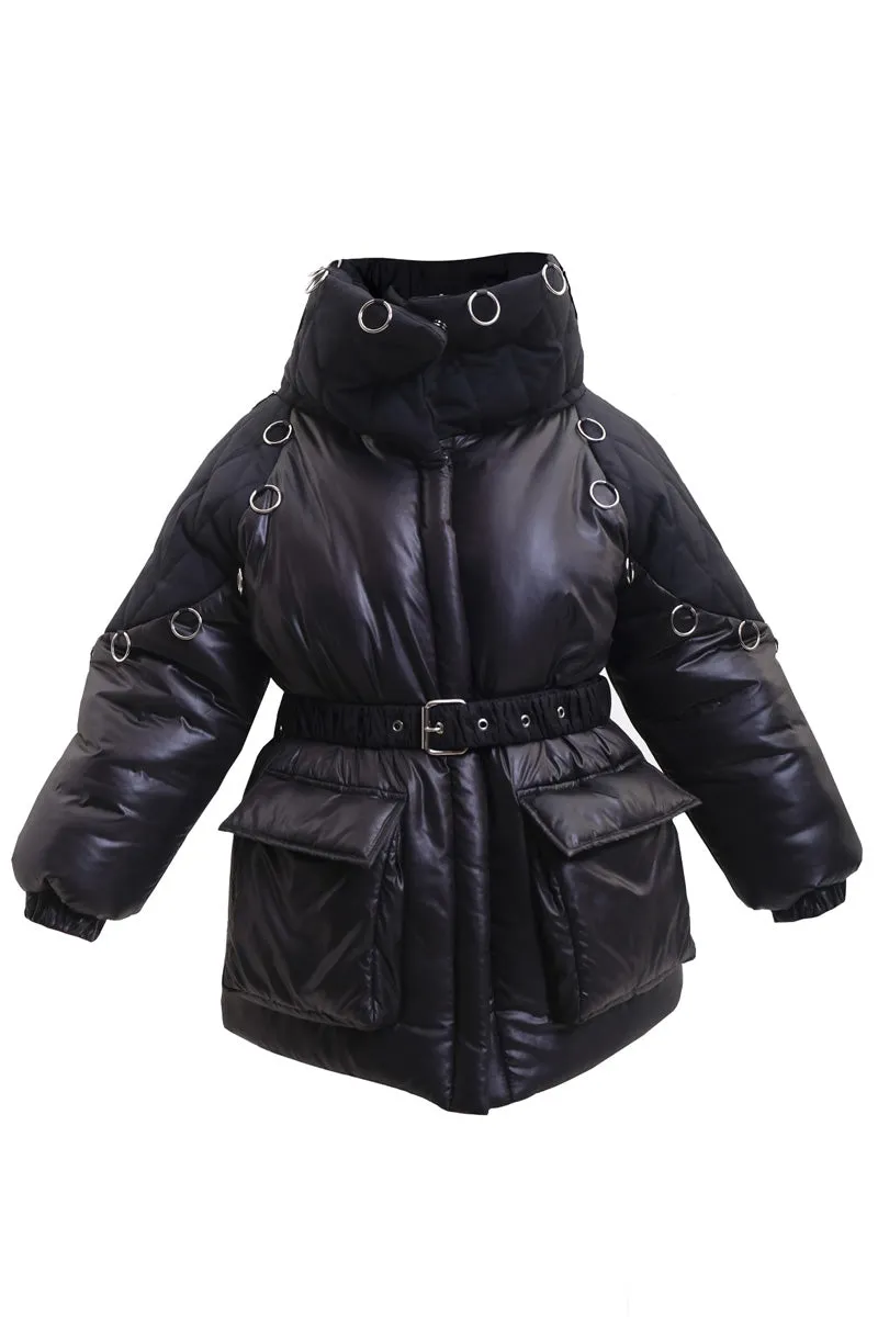 BLACK HIGH-NECK PUFFER JACKET