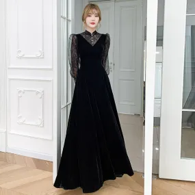 Black Long-Sleeved Evening Dress for Women  Spring and Summer New Host Annual Meeting Velvet plus Size Daily Wearable Dress