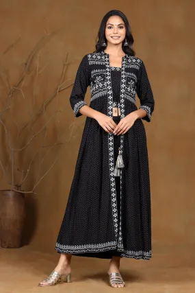 Black Rayon Printed Jacket Style Kurta & Pants Set