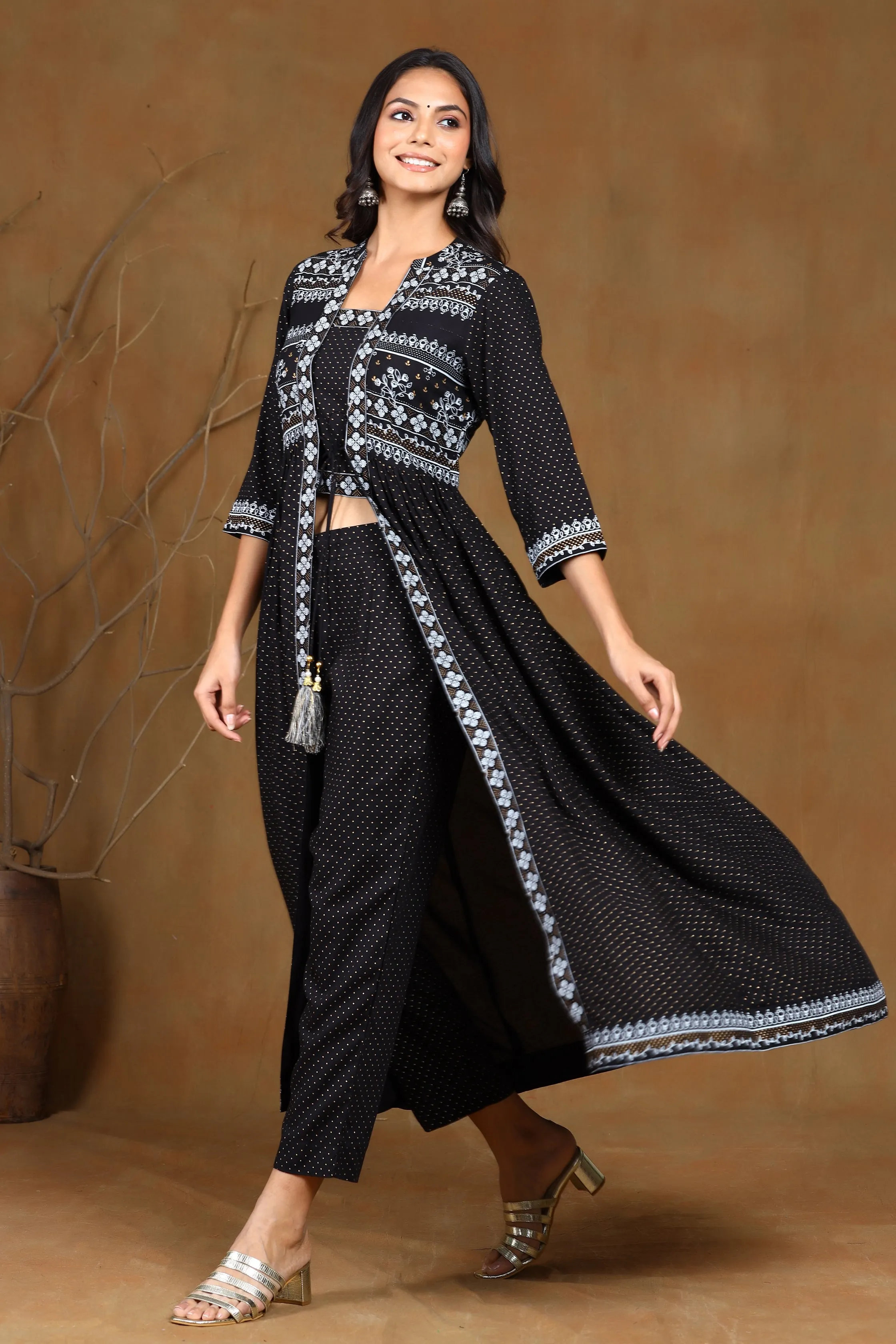 Black Rayon Printed Jacket Style Kurta & Pants Set