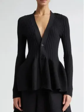 Black Ribbed Knit V-Neck Cardigan Sweater