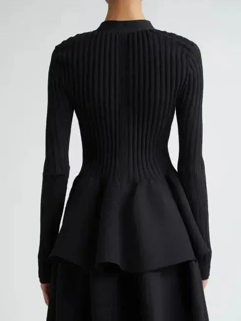 Black Ribbed Knit V-Neck Cardigan Sweater