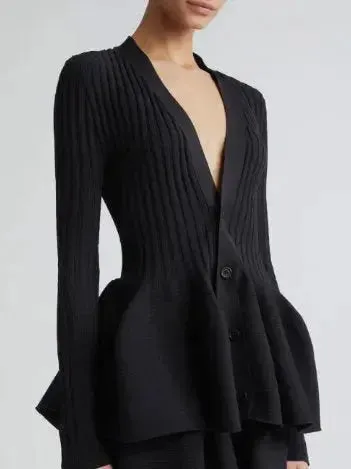 Black Ribbed Knit V-Neck Cardigan Sweater