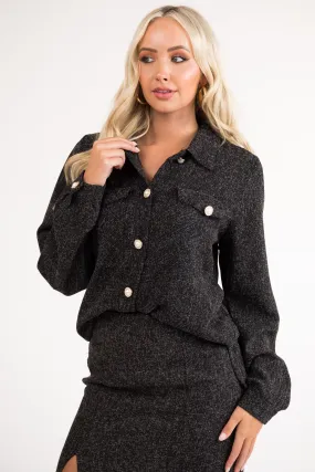 Black Tweed Embellished Button Light Shacket