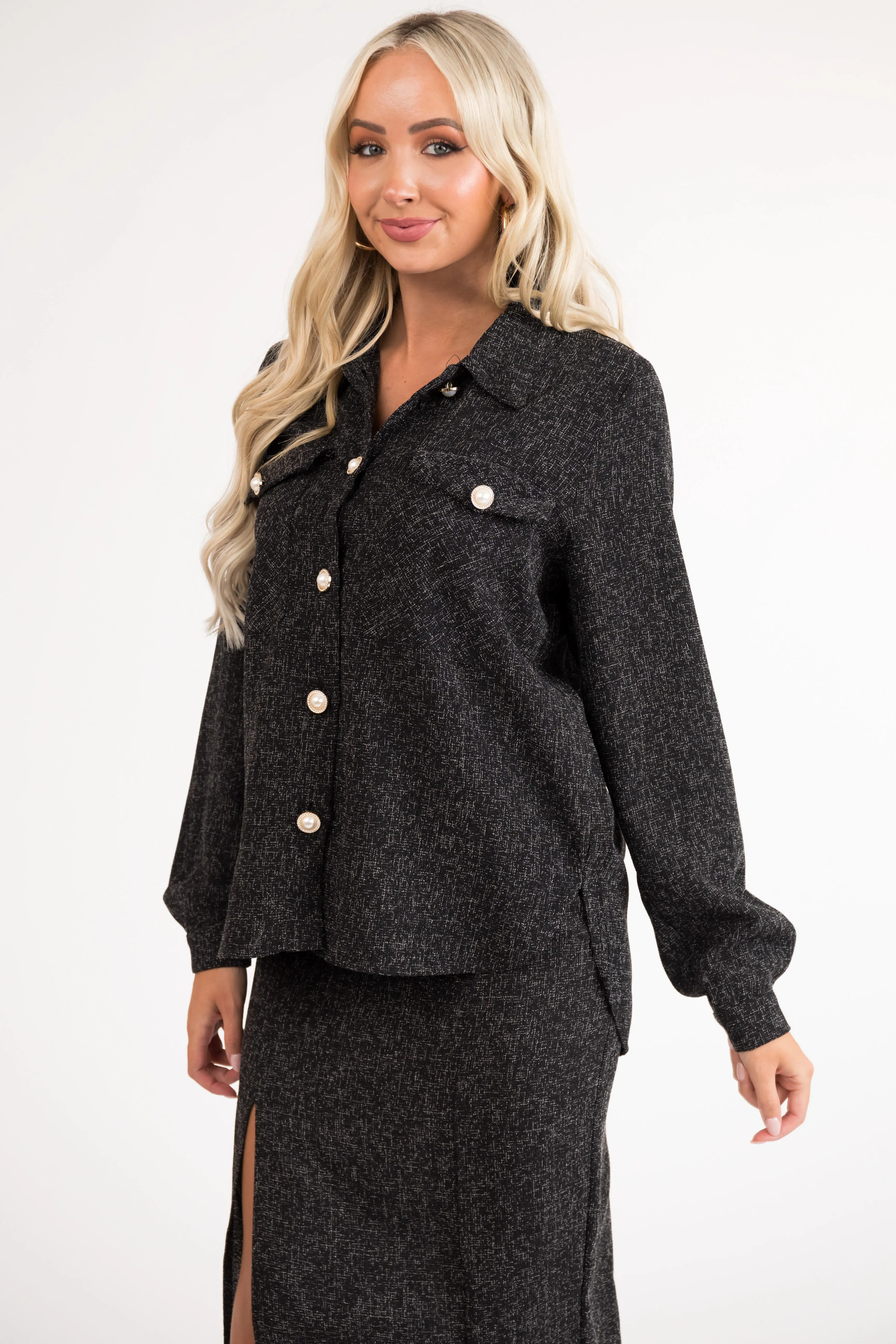 Black Tweed Embellished Button Light Shacket