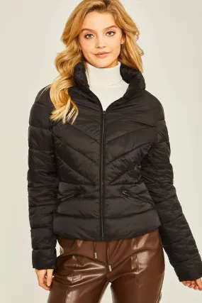 Black Zip Up Puffer Jacket With Storage Bag