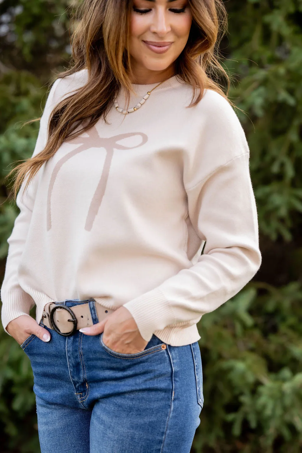 Bow Ribbed Trim Sweater