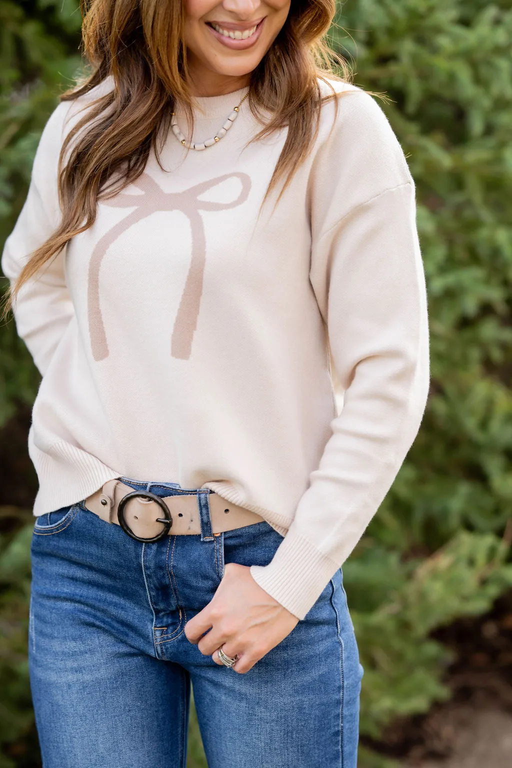 Bow Ribbed Trim Sweater