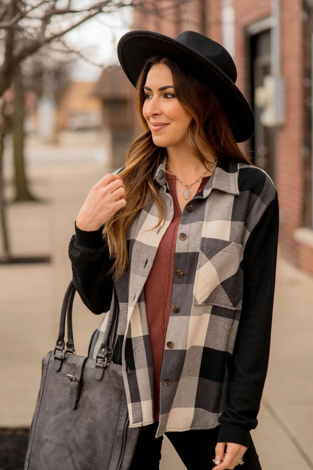 Buffalo Plaid Waffle Sleeve Shacket