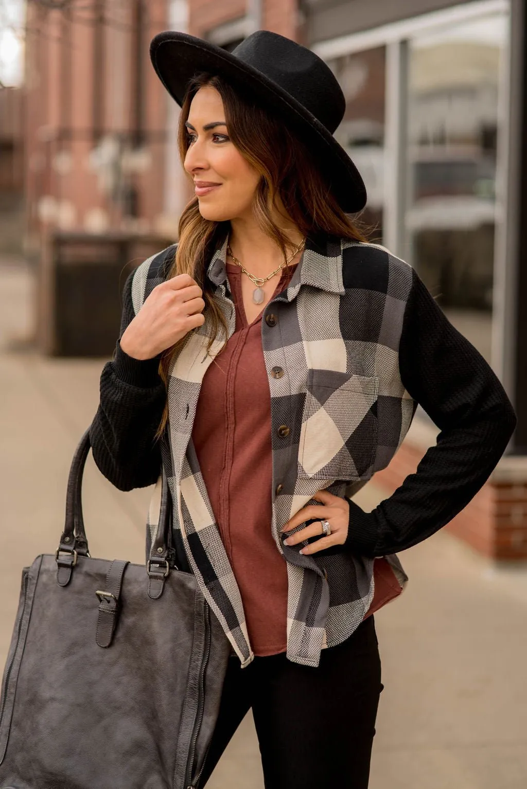 Buffalo Plaid Waffle Sleeve Shacket