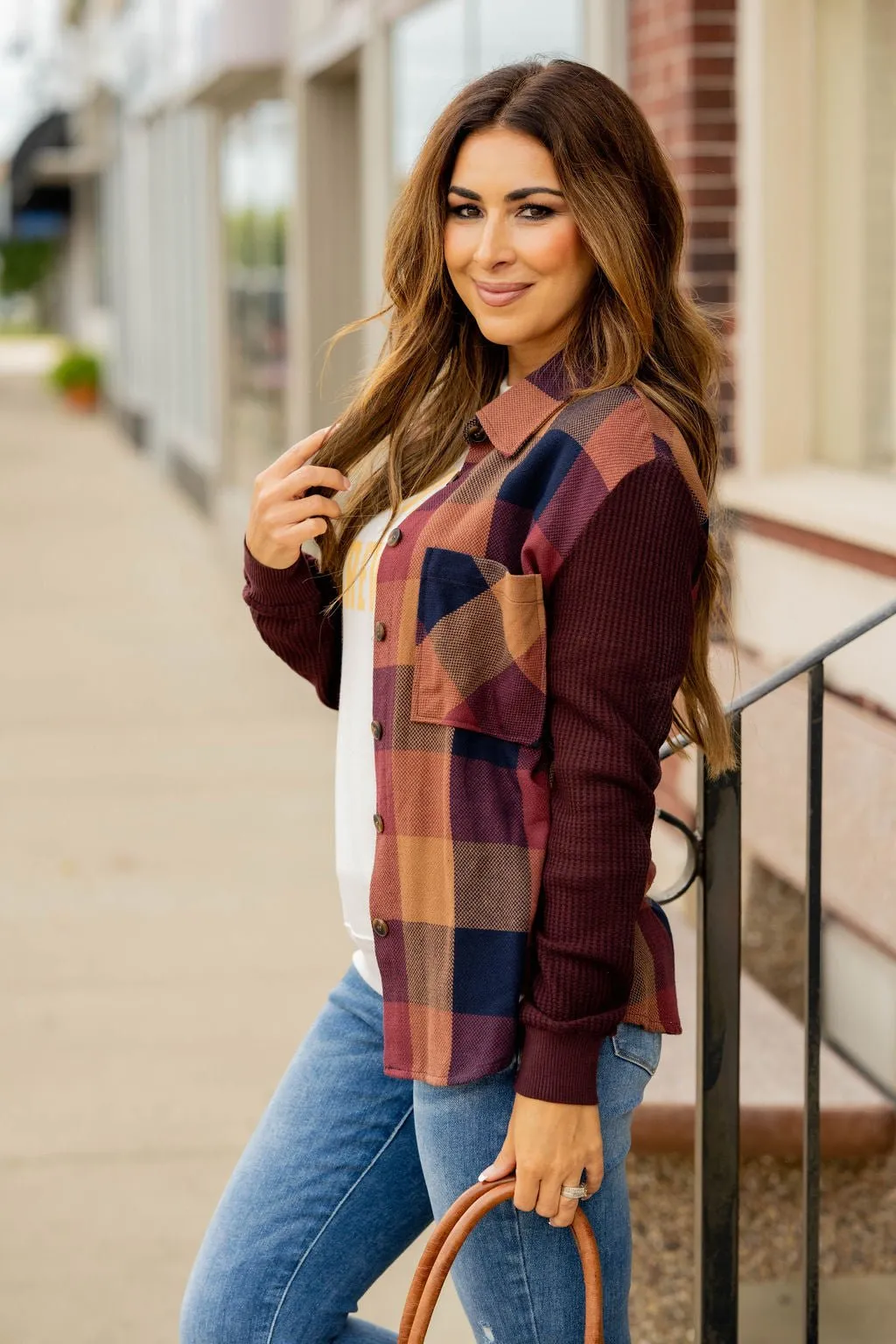 Buffalo Plaid Waffle Sleeve Shacket