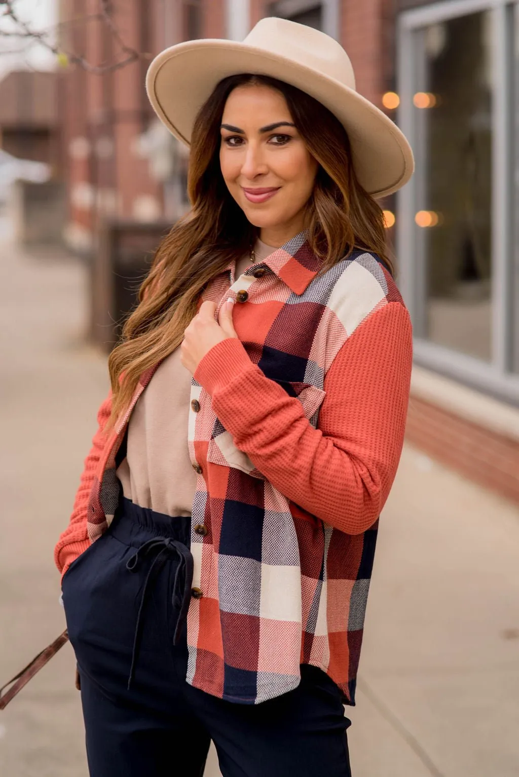 Buffalo Plaid Waffle Sleeve Shacket