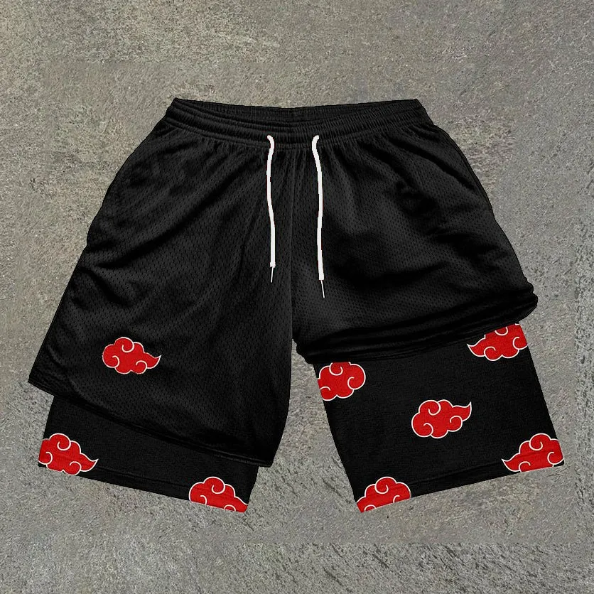 Casual Anime Print Double Layer Mesh Shorts