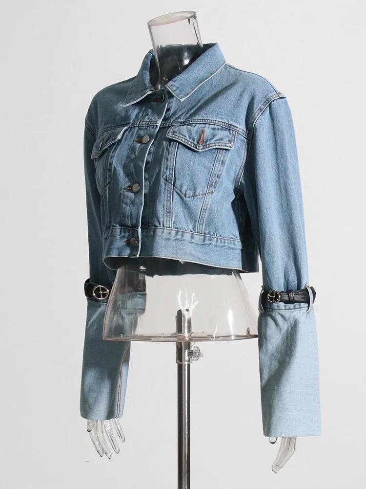 Casual Denim Jackets For Women Lapel Long Sleeve Patchwork Belt Spliced Single Breasted  Jacket Female Clothing