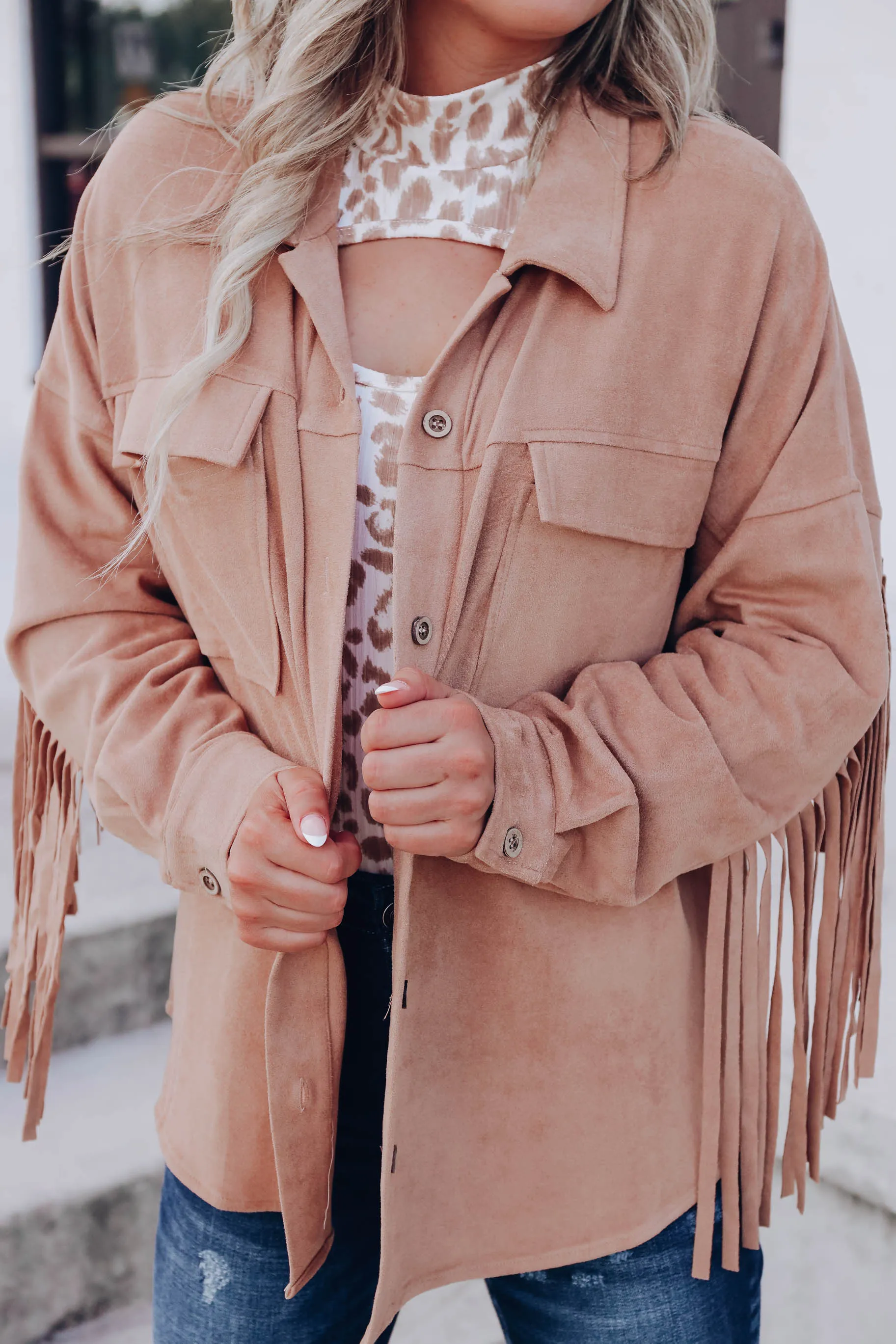 Charlotte Faux Suede Fringe Shacket - Camel