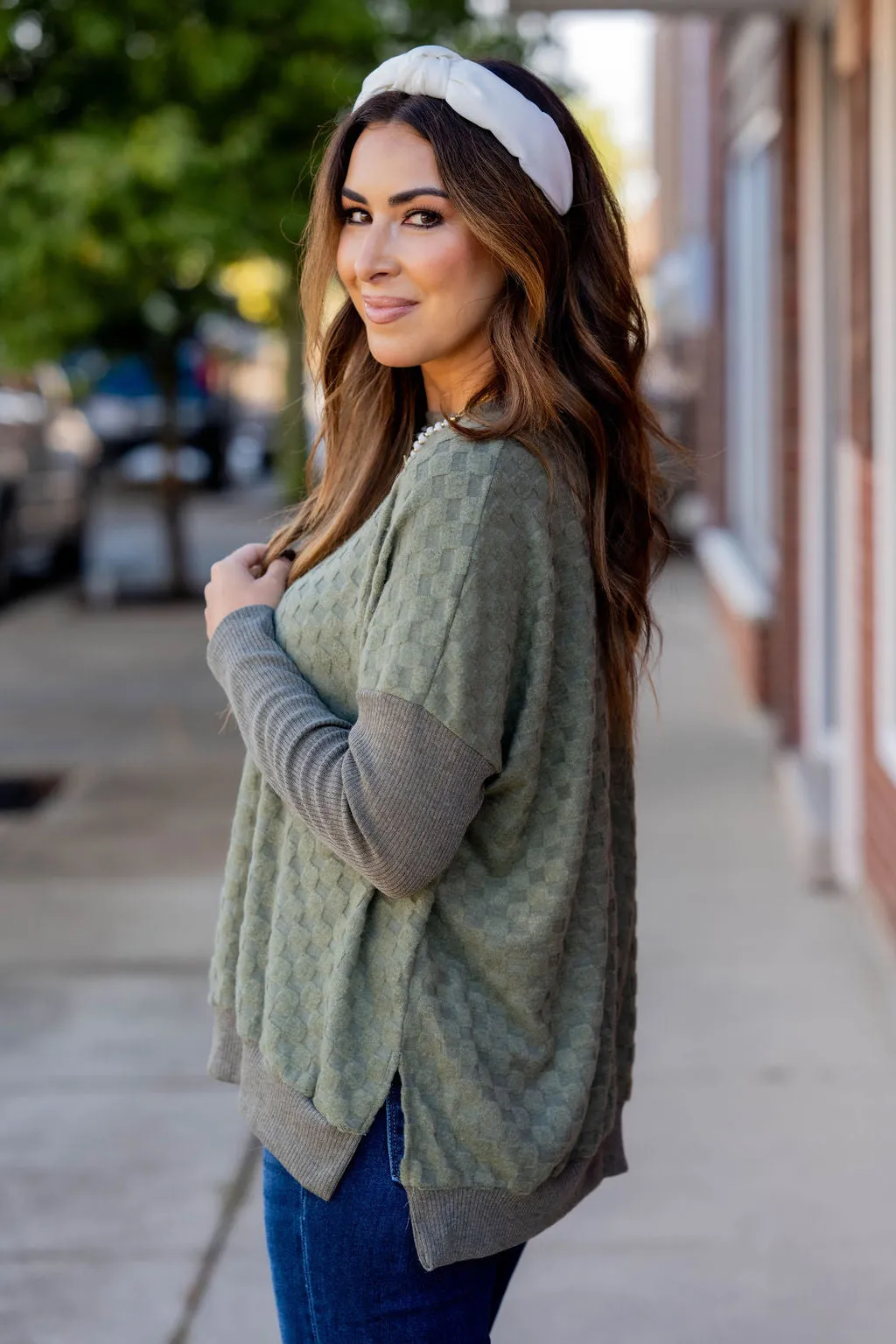 Checkered Solid Trim Popover Sweater